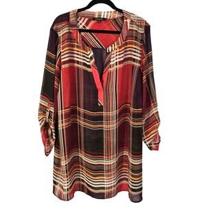 Ellen Weaver Popover Blouse Women's 3X Orange Brown Plaid Sheer Classic Career